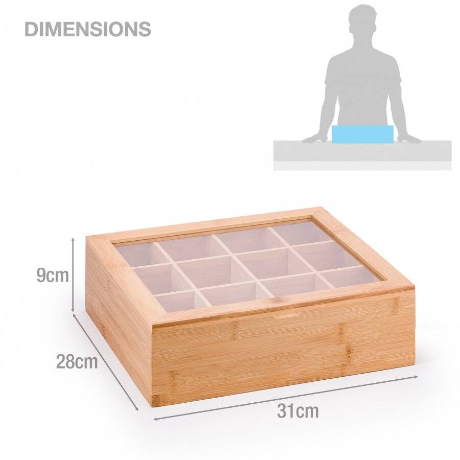 Woodluv 12 Compartment  Bamboo Tea Bag Storage Caddy With Acrylic Lid