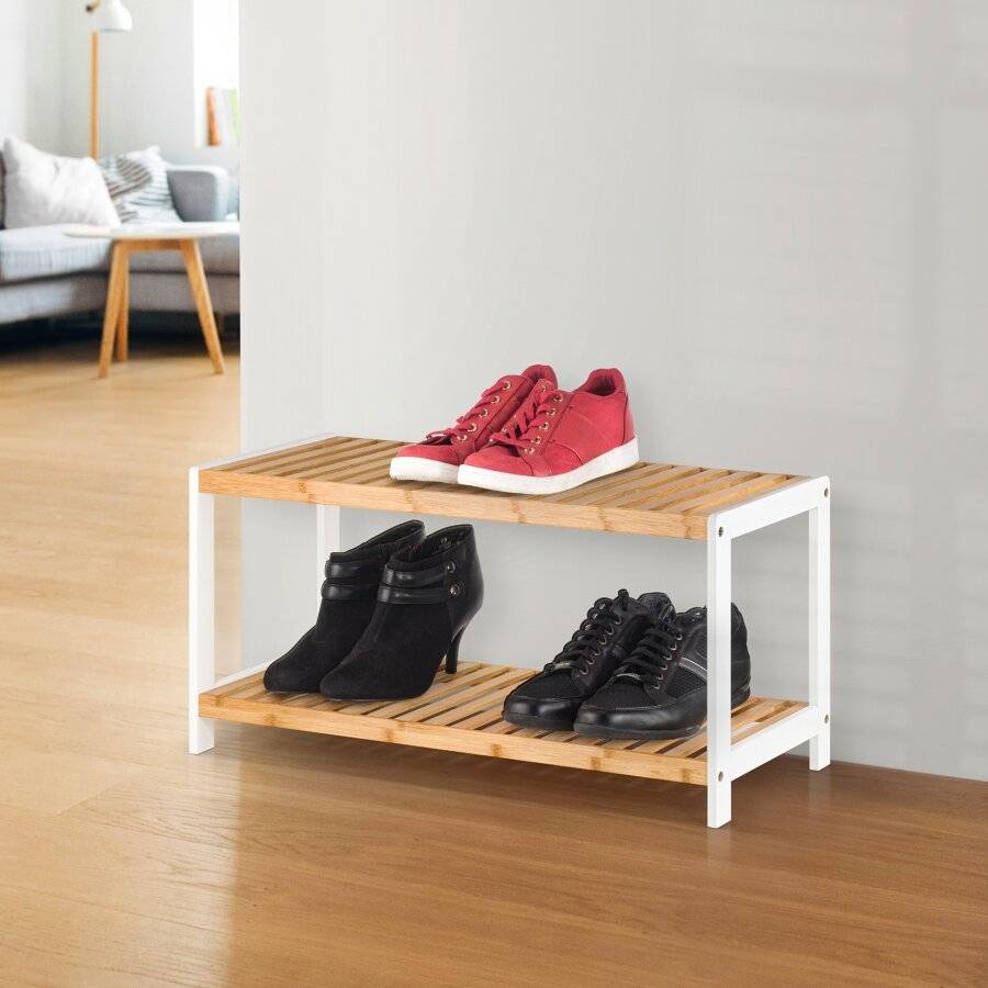 Woodluv 2 Tiers Freestanding Bamboo Wood Shoe Organizer