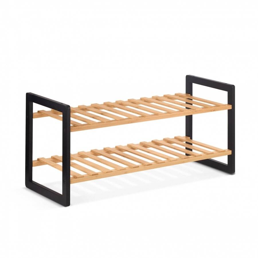 Woodluv 2 Tier Natural Bamboo Shoe Rack Stand, Natural & Black