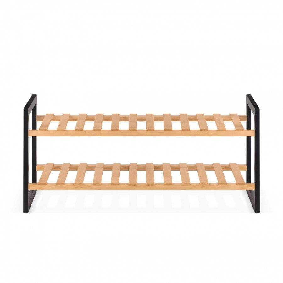 Woodluv 2 Tier Natural Bamboo Shoe Rack Stand, Natural & Black