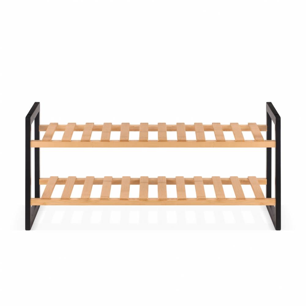 Woodluv 2 Tier Natural Bamboo Shoe Rack Stand, Natural & Black