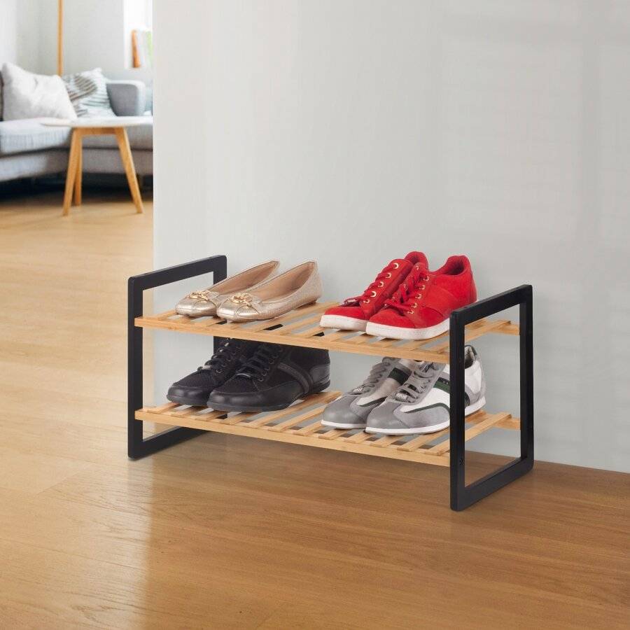 Woodluv 2 Tier Natural Bamboo Shoe Rack Stand, Natural & Black