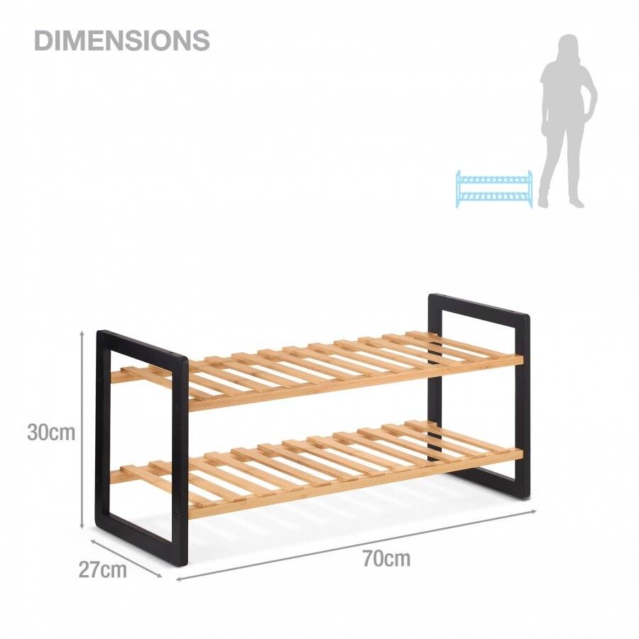 Woodluv 2 Tier Natural Bamboo Shoe Rack Stand, Natural & Black