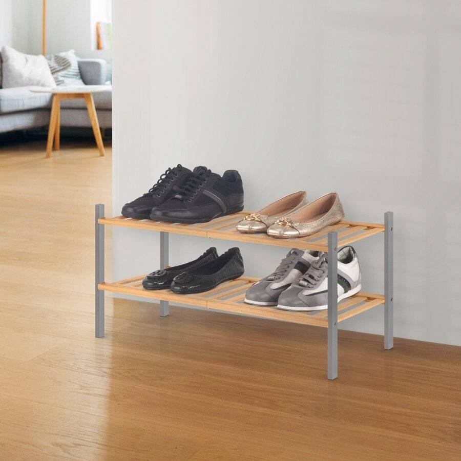 Woodluv 2 Tier Natural Bamboo Shoe Rack Stand, Natural