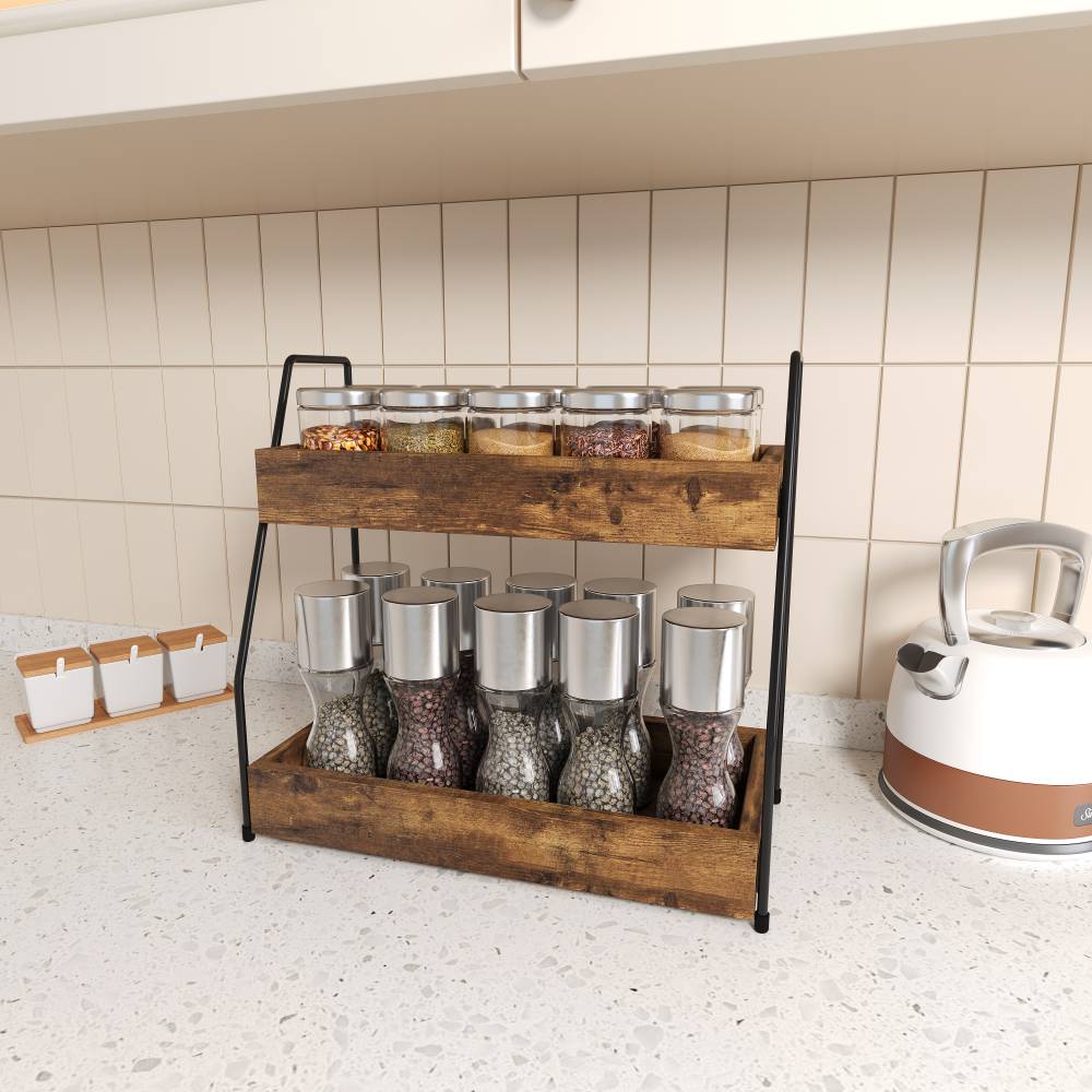 Woodluv 2-Tier Spice Organizer, Tiered Storage Rack for Kitchen Spices