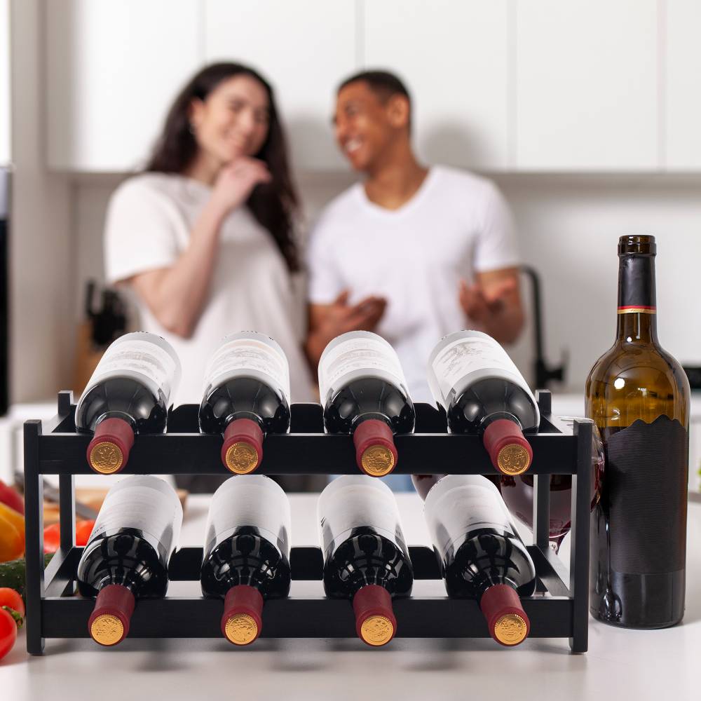 Woodluv 2-Tier Wooden Wine Rack, Wine Holder, Black