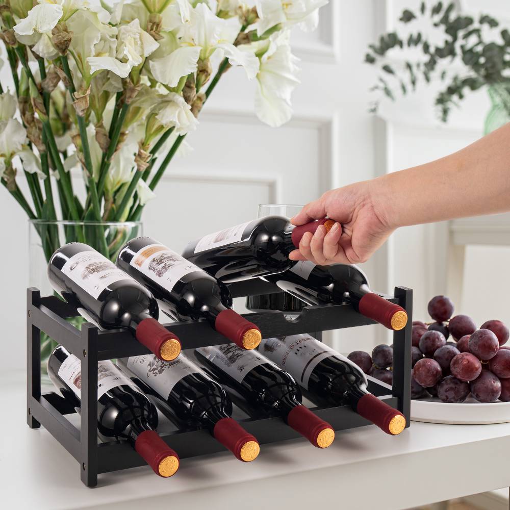 Woodluv 2-Tier Wooden Wine Rack, Wine Holder, Black