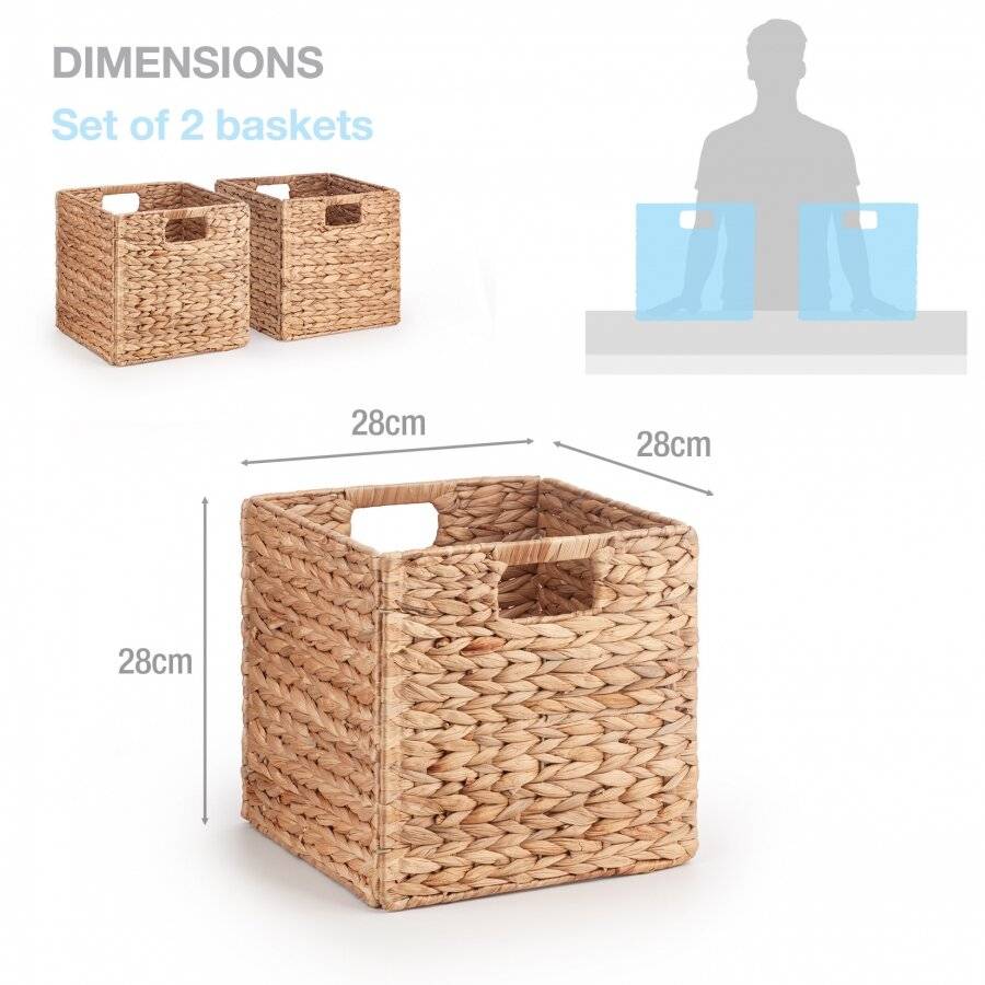 Woodluv 2 x Foldable Water Hyacinth Storage Baskets With Inset Handles
