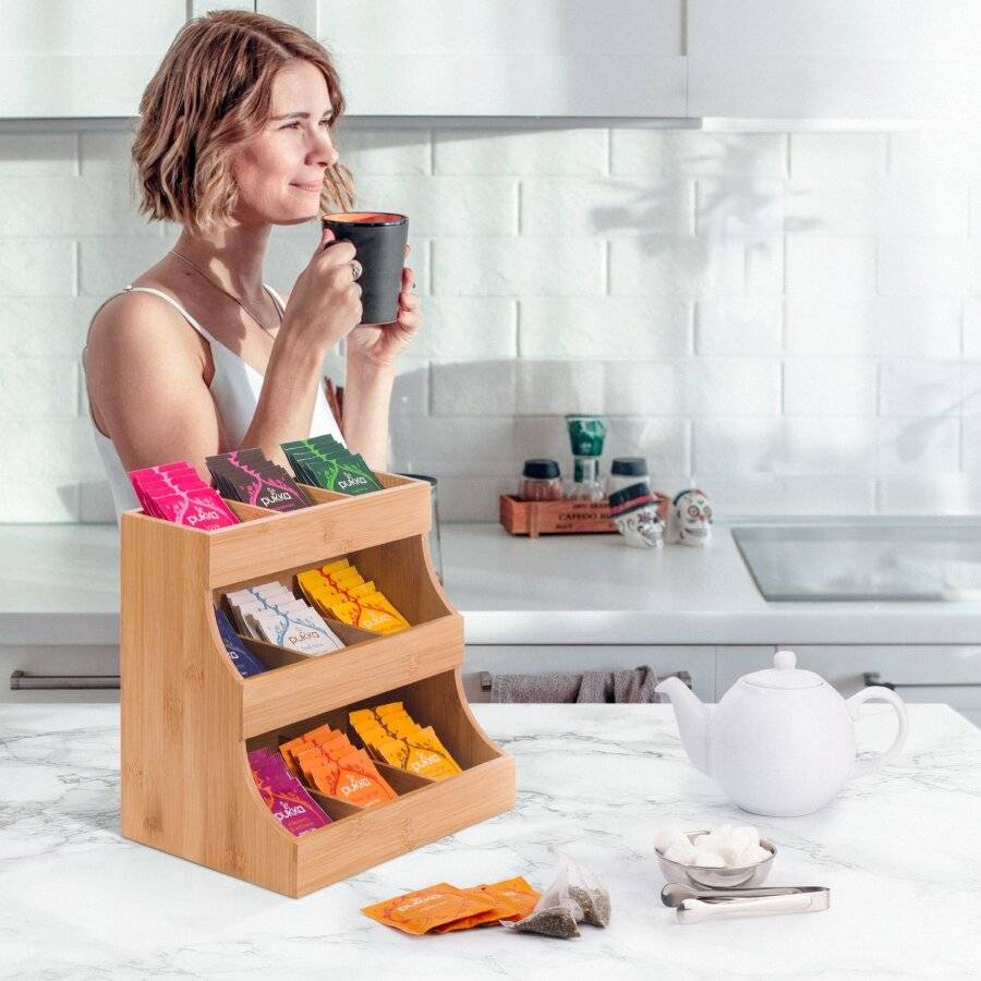 Woodluv 3-tier Bamboo Tea Bag Storage Organizer, 27 x 17.5 x 24 cm