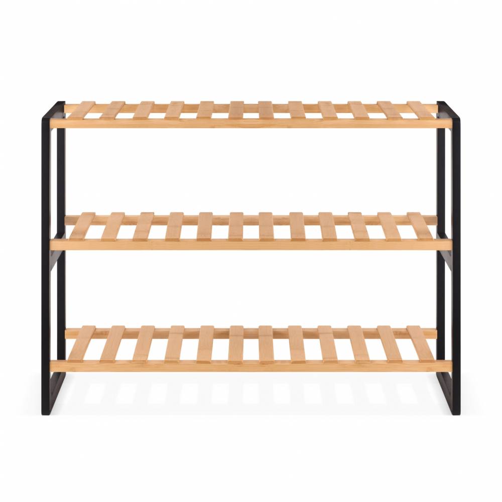 Woodluv 3 Tier Natural Bamboo Shoe Rack Stand, Natural & Black