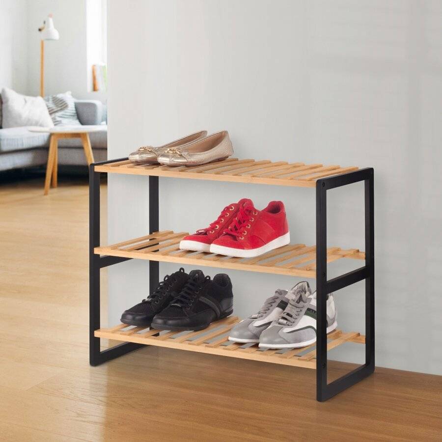 Woodluv 3 Tier Natural Bamboo Shoe Rack Stand, Natural & Black