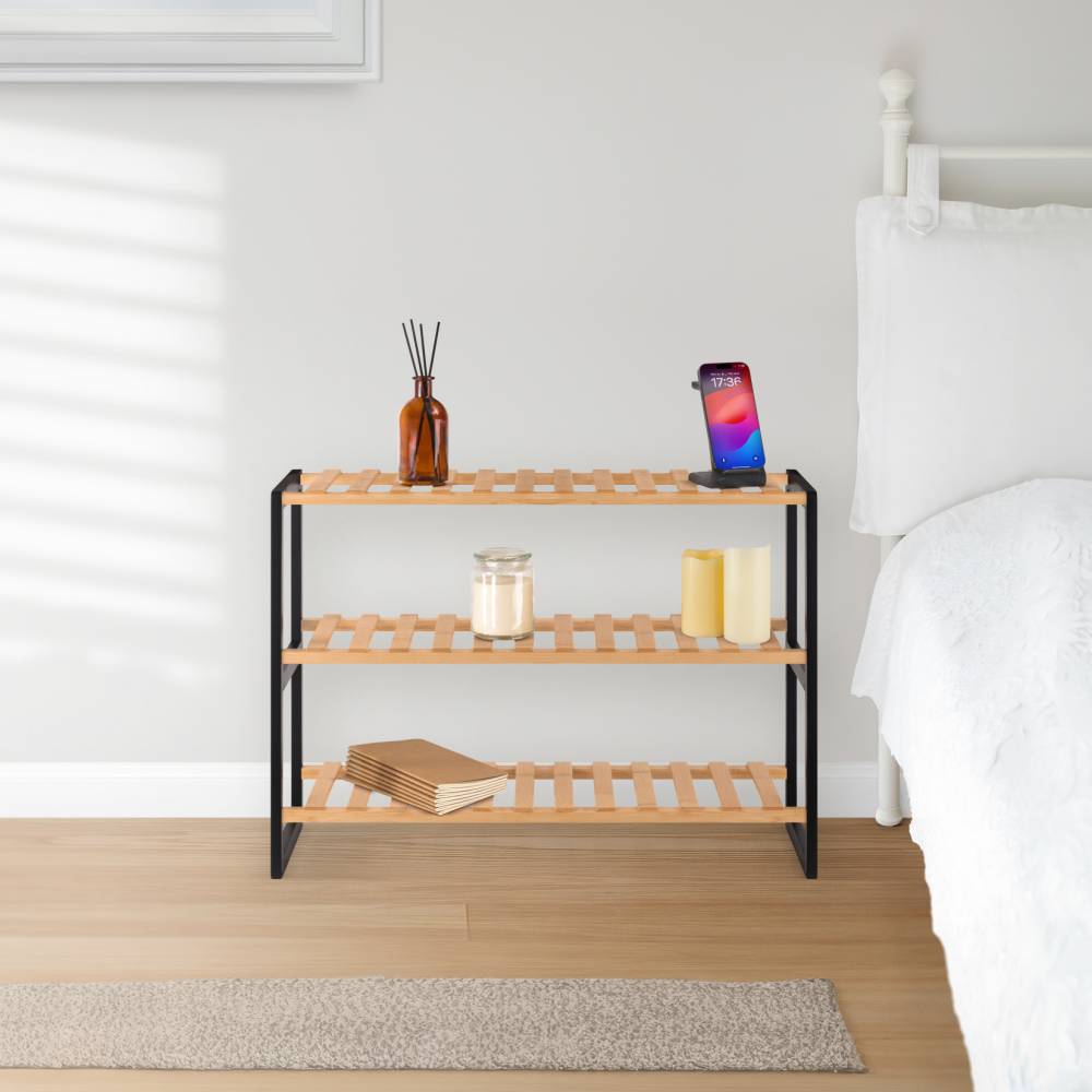 Woodluv 3 Tier Natural Bamboo Shoe Rack Stand, Natural & Black