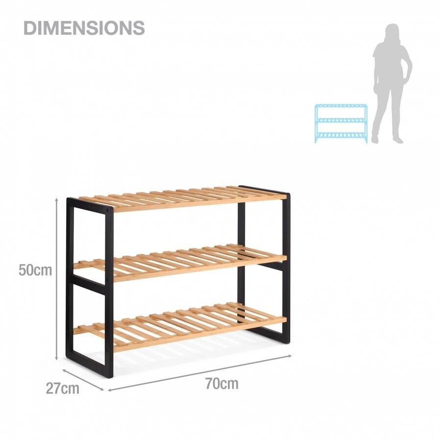 Woodluv 3 Tier Natural Bamboo Shoe Rack Stand, Natural & Black