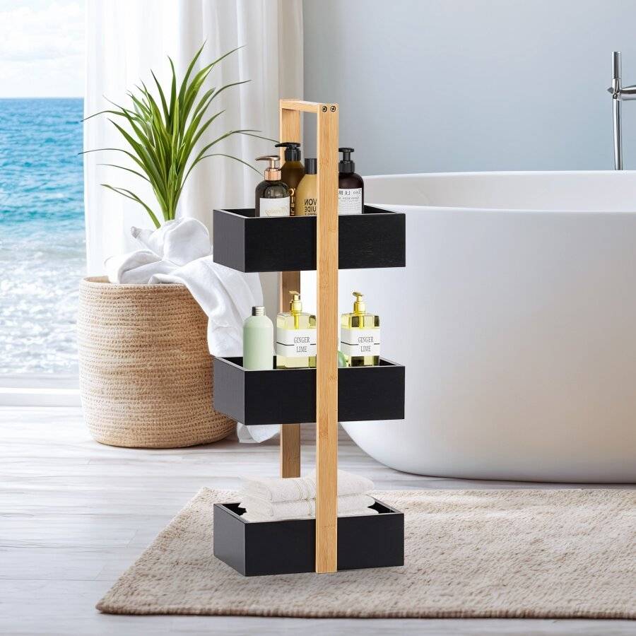 Woodluv 3 Tier Robust Bamboo and MDF Bathroom Storage Caddy - Black