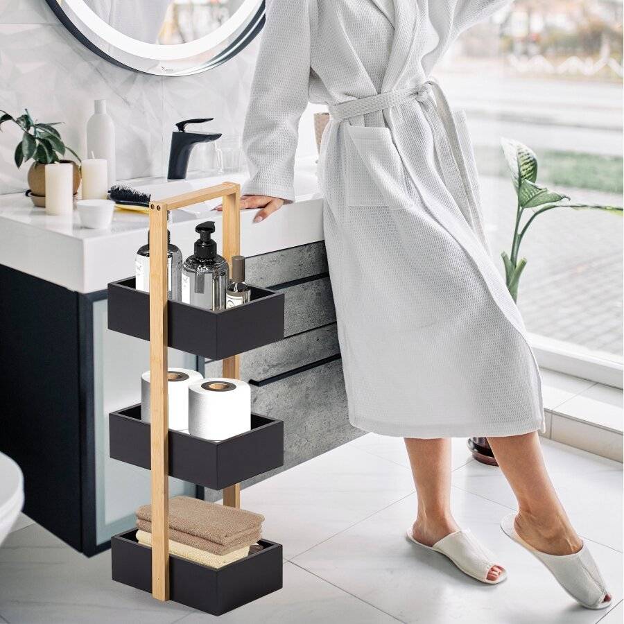 Woodluv 3 Tier Robust Bamboo and MDF Bathroom Storage Caddy - Black