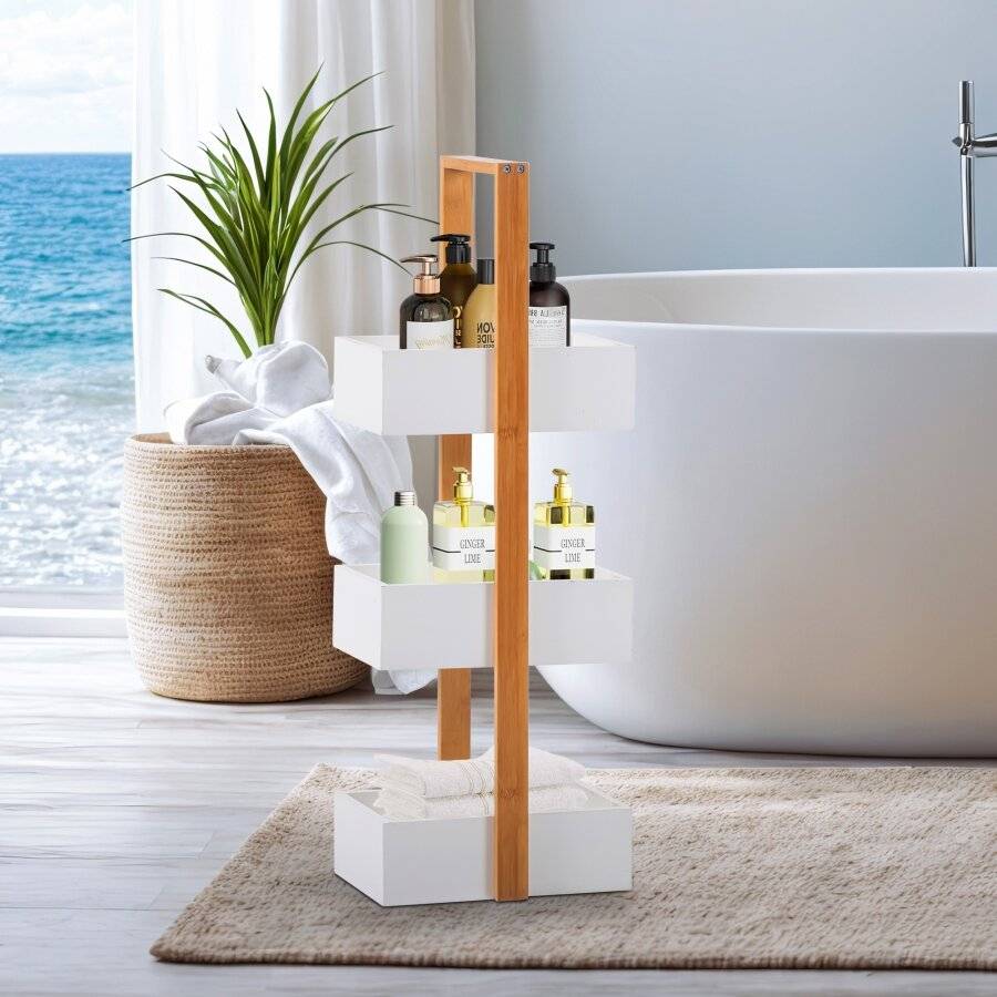 Woodluv 3 Tier Robust Bamboo and MDF Bathroom Storage Caddy - White