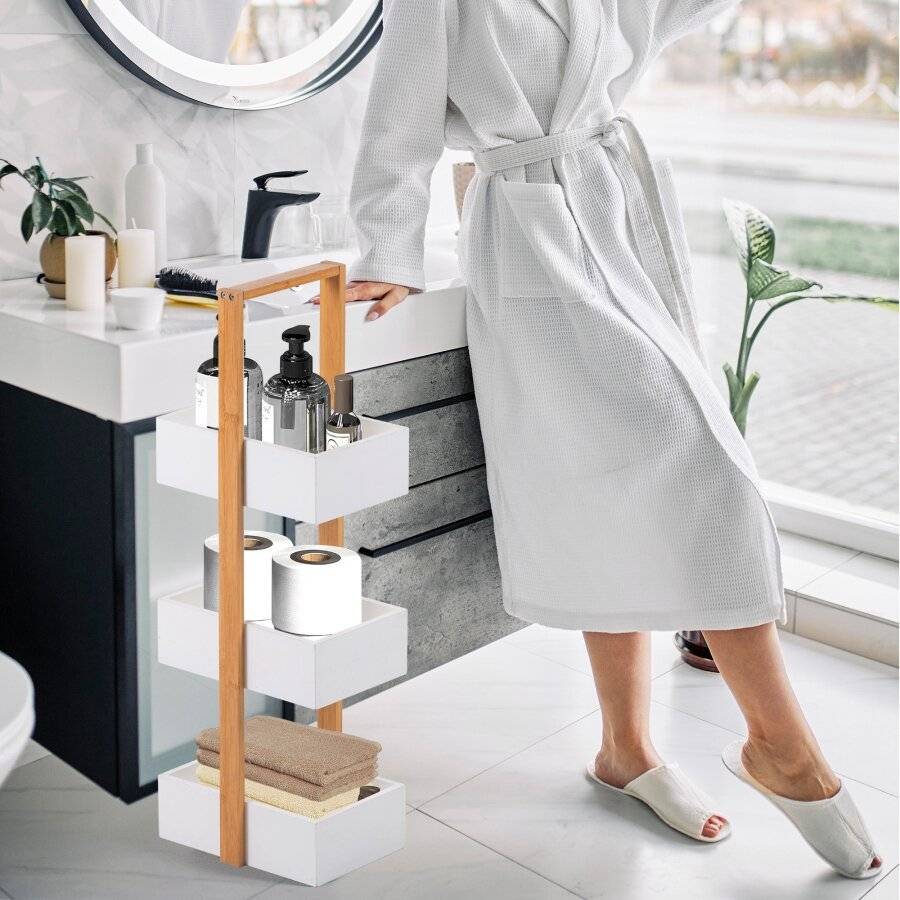 Woodluv 3 Tier Robust Bamboo and MDF Bathroom Storage Caddy - White