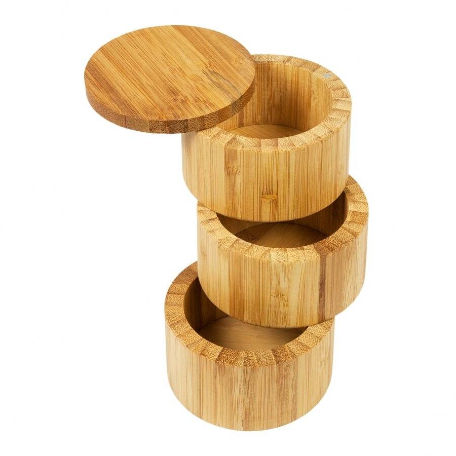 Woodluv 3-Tiered Bamboo Spice Storage Box With Rotating Removable Lid