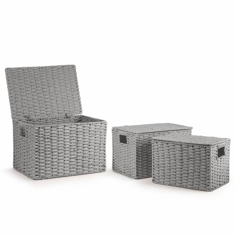 Woodluv 3 x Hand-woven Lidded Paper Rope Storage Trunk Set, Grey