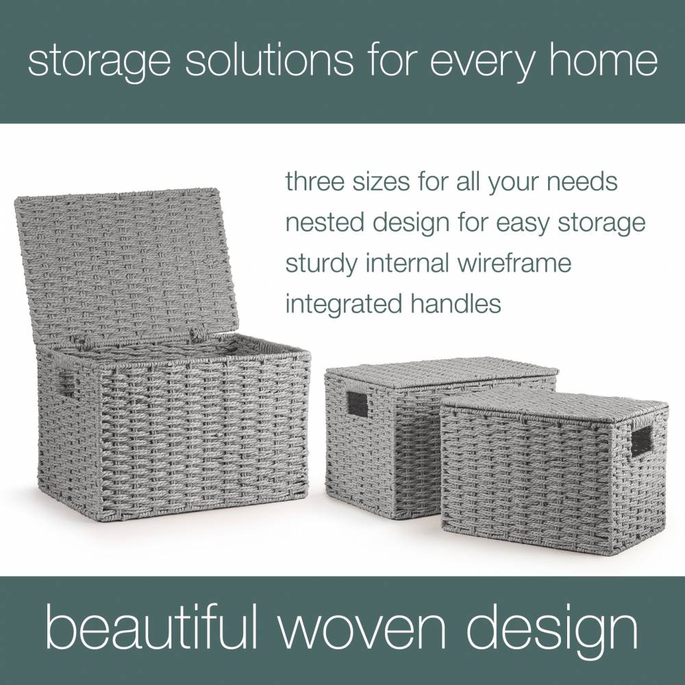 Woodluv 3 x Hand-woven Lidded Paper Rope Storage Trunk Set, Grey