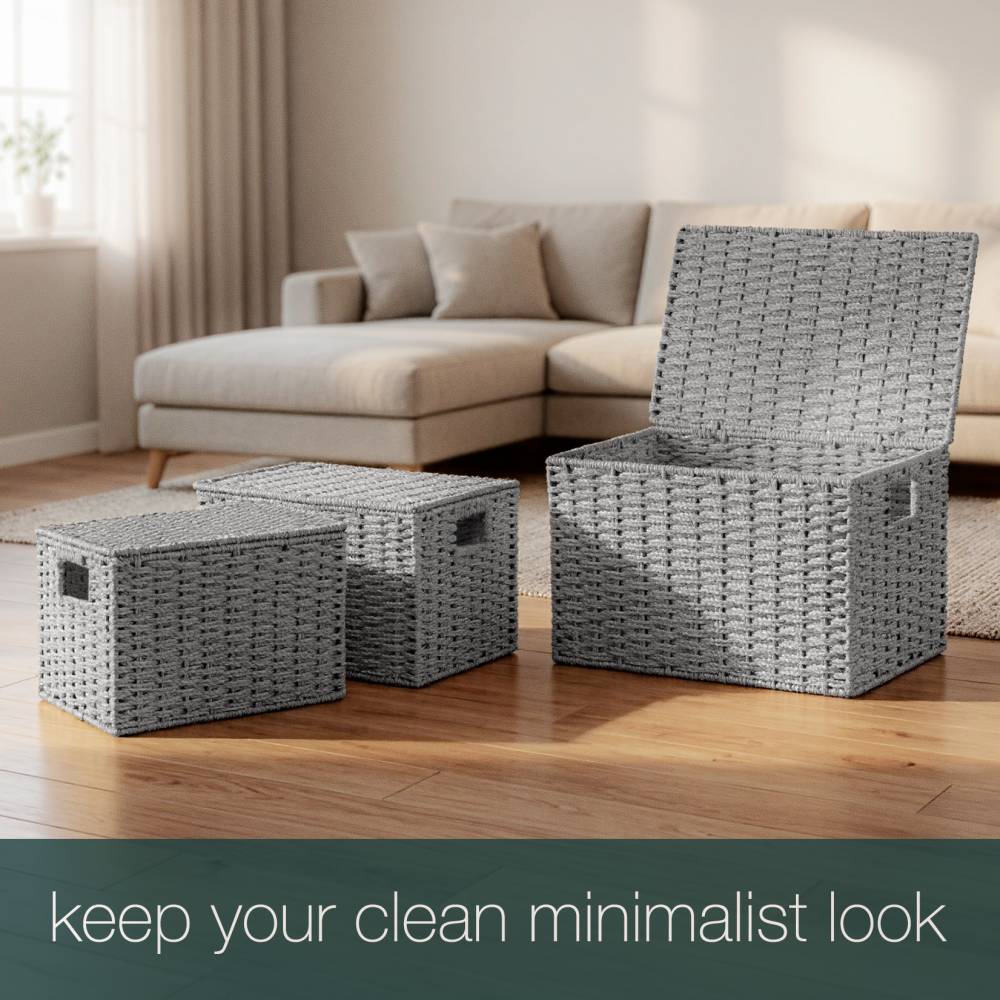 Woodluv 3 x Hand-woven Lidded Paper Rope Storage Trunk Set, Grey