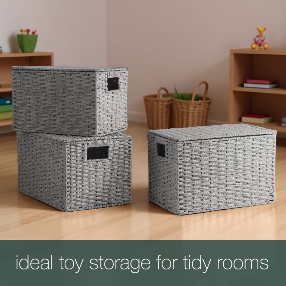 Woodluv 3 x Hand-woven Lidded Paper Rope Storage Trunk Set, Grey