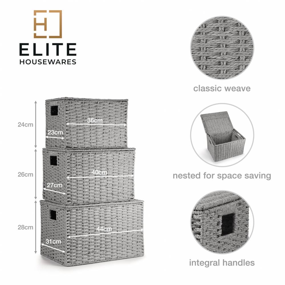 Woodluv 3 x Hand-woven Lidded Paper Rope Storage Trunk Set, Grey