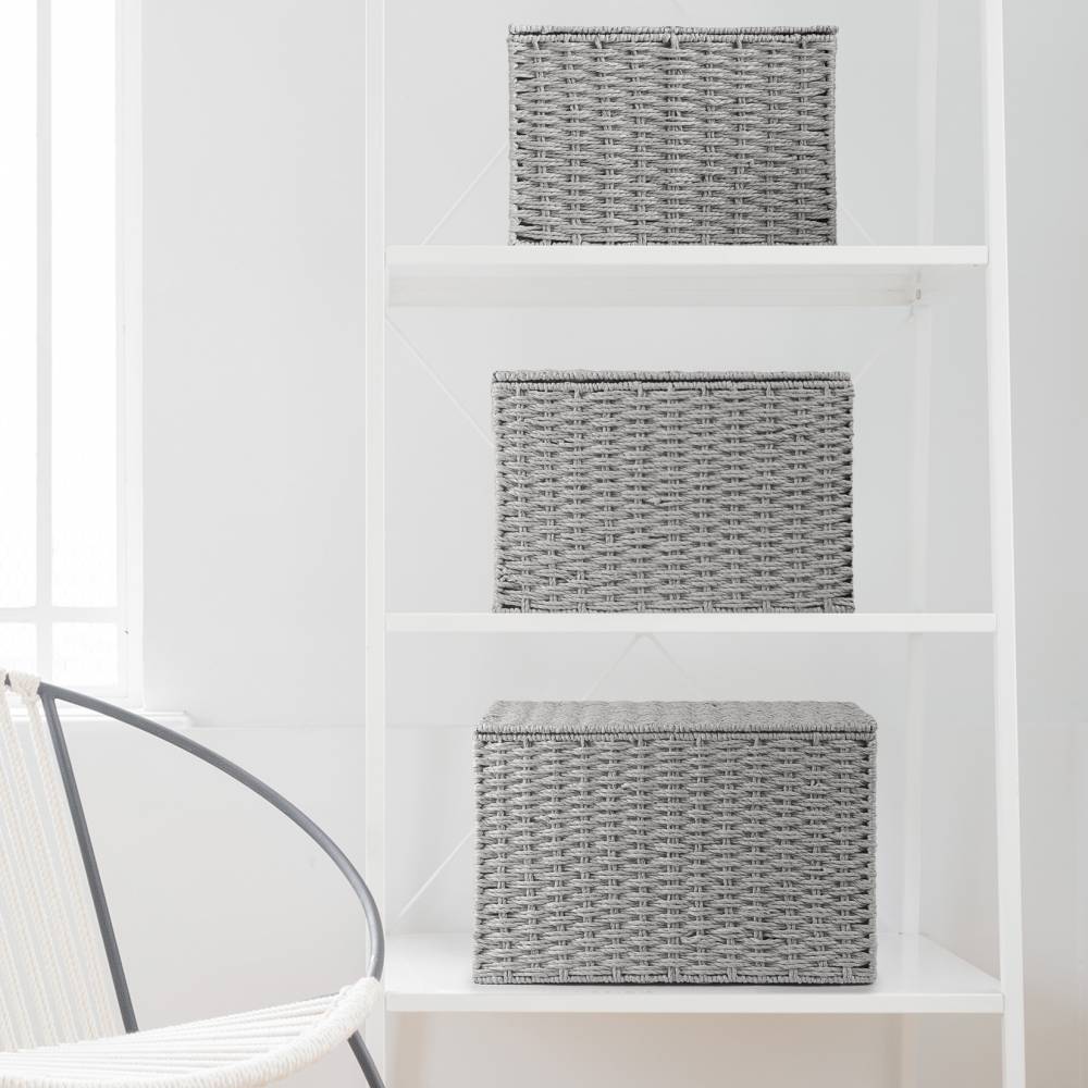 Woodluv 3 x Hand-woven Lidded Paper Rope Storage Trunk Set, Grey