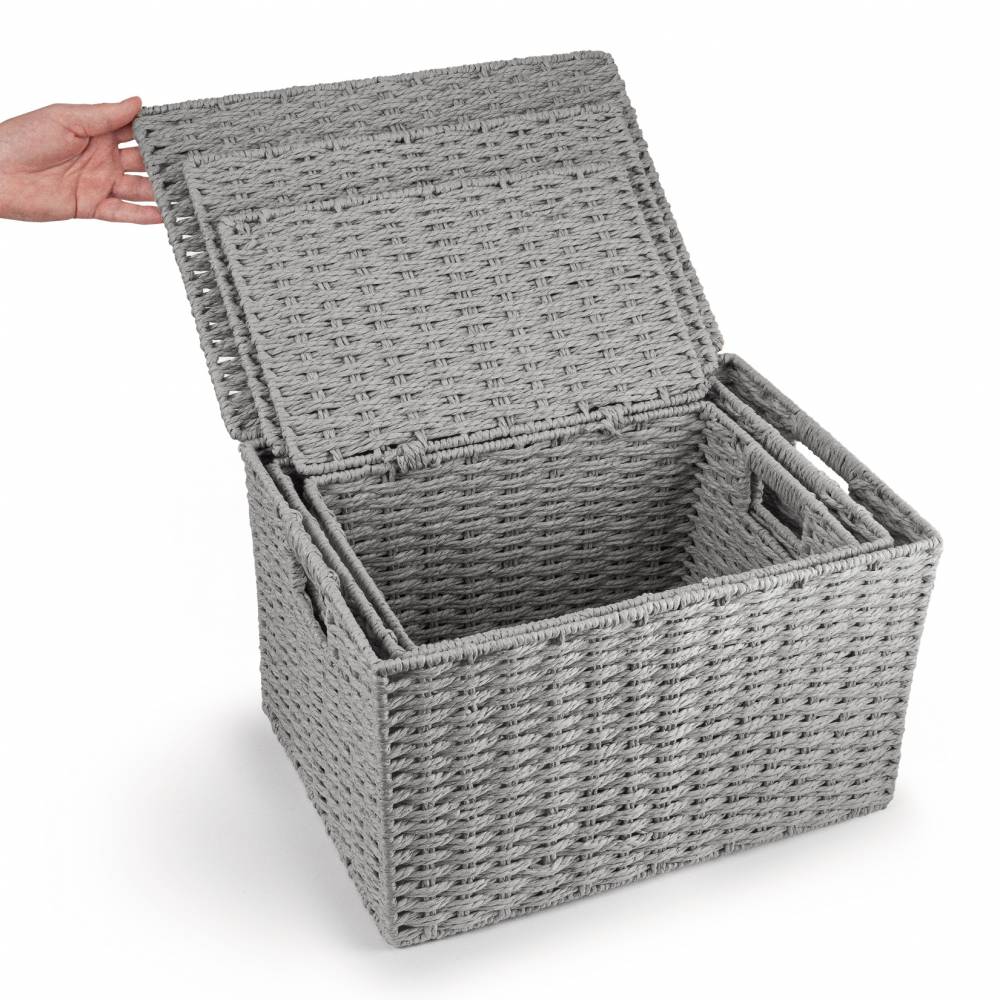 Woodluv 3 x Hand-woven Lidded Paper Rope Storage Trunk Set, Grey