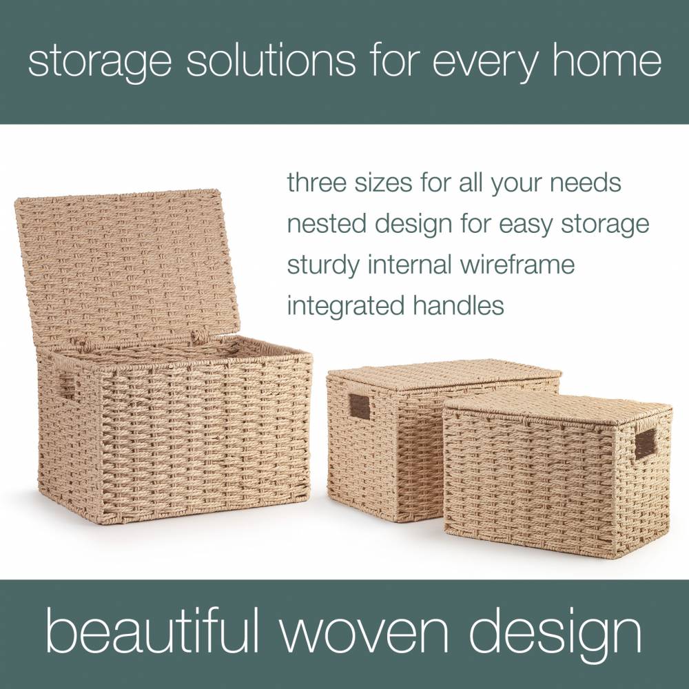 Woodluv 3 x Hand-woven Lidded Paper Rope Storage Trunk Set, Khaki