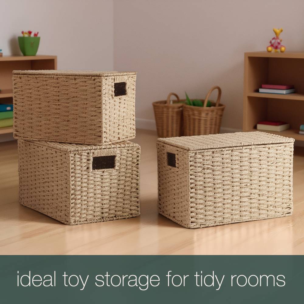 Woodluv 3 x Hand-woven Lidded Paper Rope Storage Trunk Set, Khaki