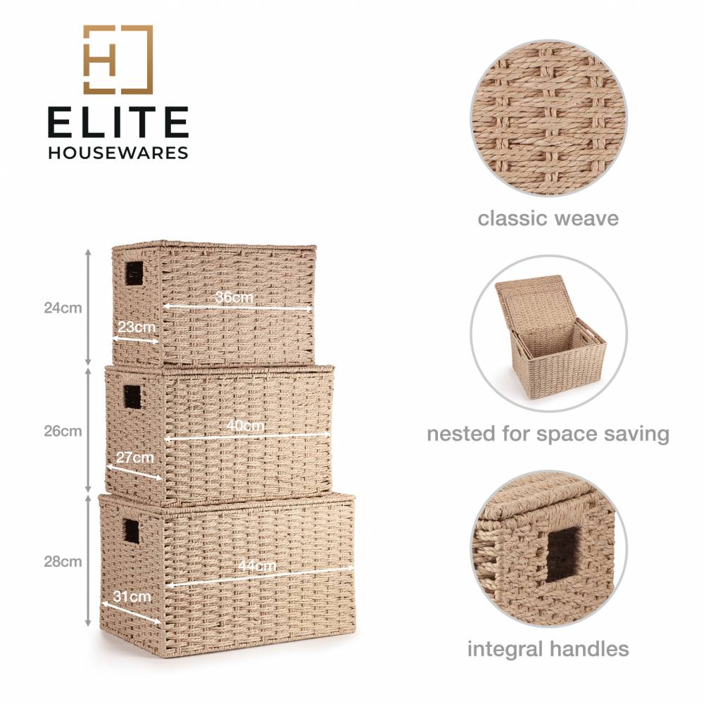 Woodluv 3 x Hand-woven Lidded Paper Rope Storage Trunk Set, Khaki