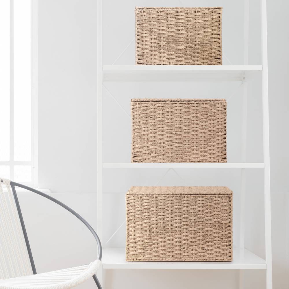 Woodluv 3 x Hand-woven Lidded Paper Rope Storage Trunk Set, Khaki