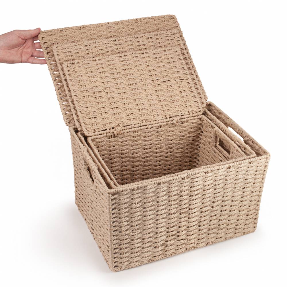 Woodluv 3 x Hand-woven Lidded Paper Rope Storage Trunk Set, Khaki