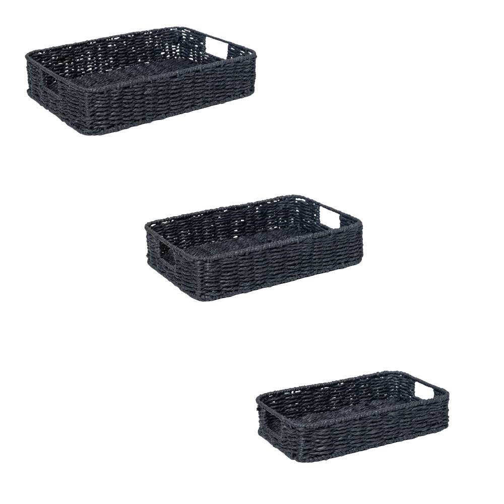 Woodluv 3 x Hand-woven Paper Rope Storage Hamper Basket Set, Black