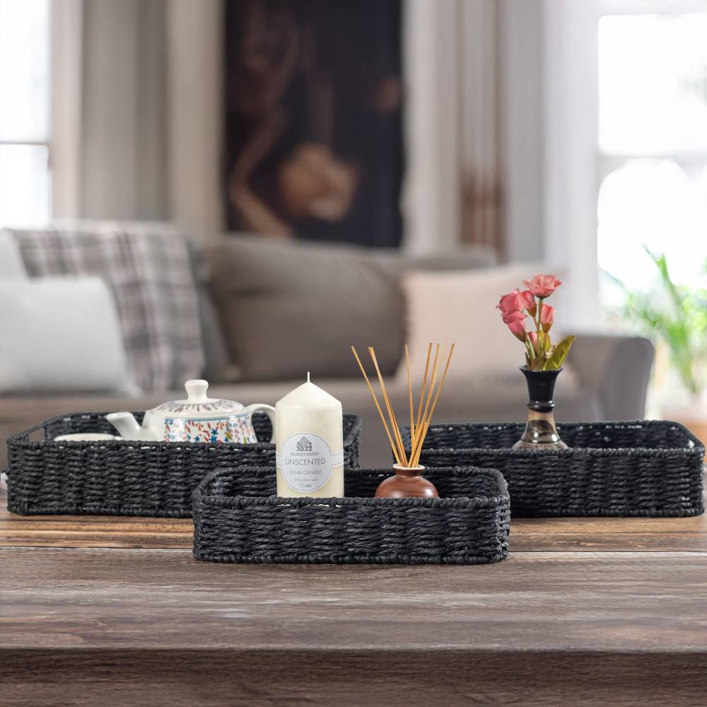 Woodluv 3 x Hand-woven Paper Rope Storage Hamper Basket Set, Black