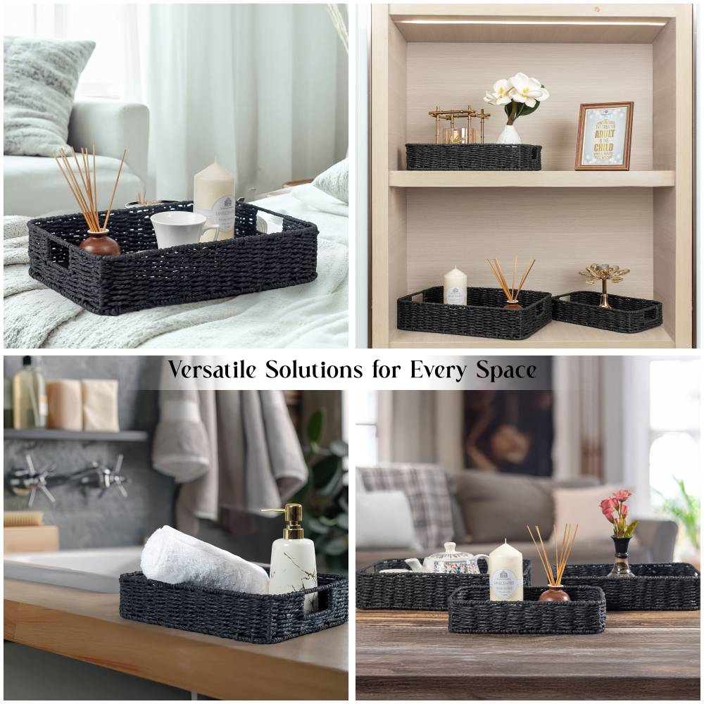 Woodluv 3 x Hand-woven Paper Rope Storage Hamper Basket Set, Black