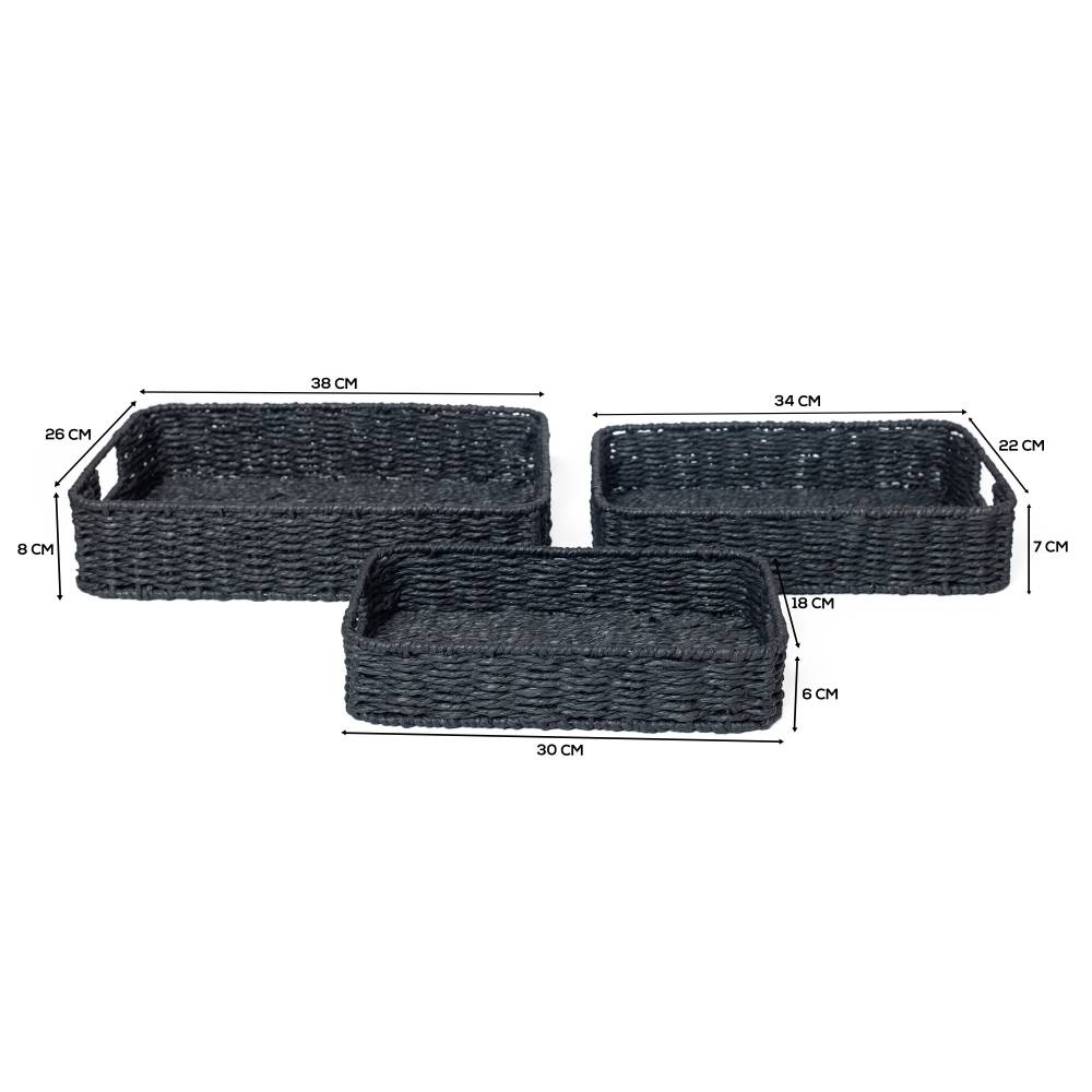 Woodluv 3 x Hand-woven Paper Rope Storage Hamper Basket Set, Black