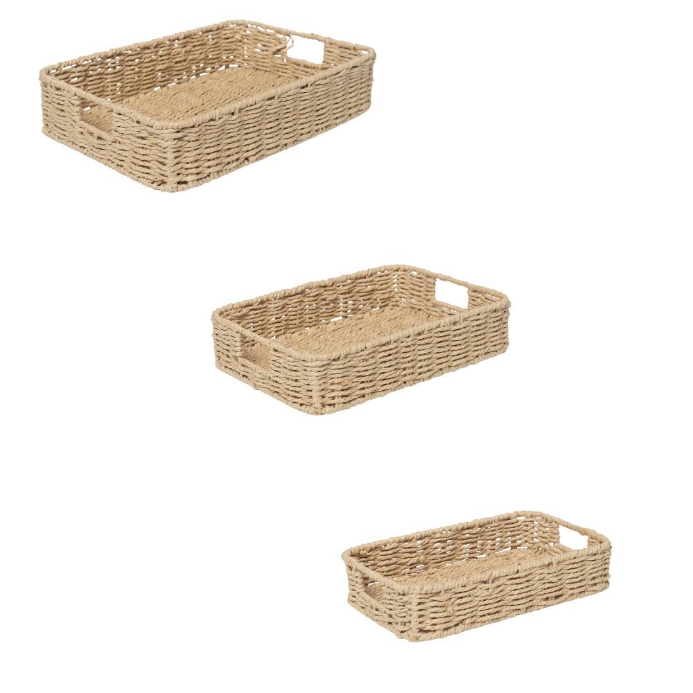 Woodluv 3 x Hand-woven Paper Rope Storage Hamper Basket Set, Khaki