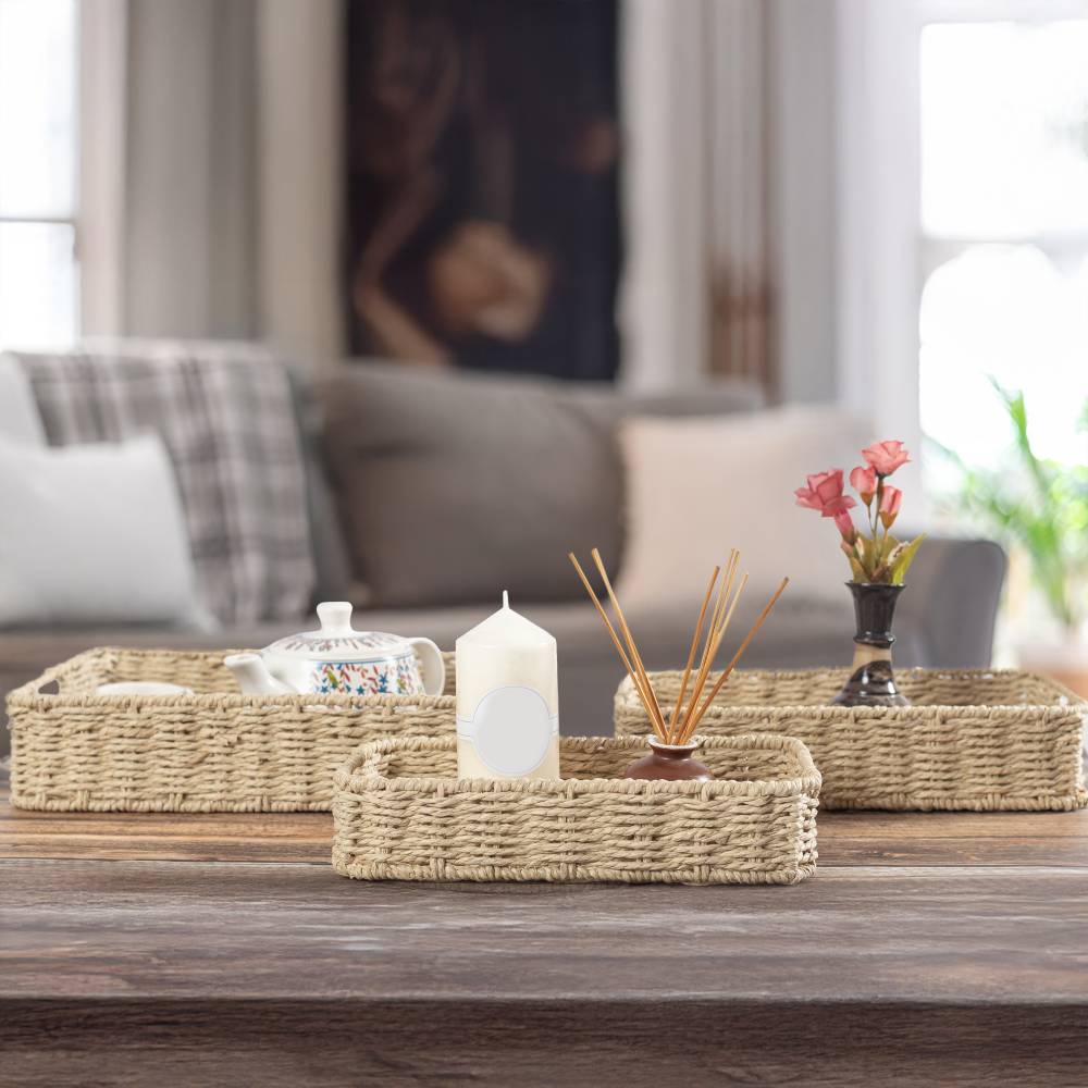 Woodluv 3 x Hand-woven Paper Rope Storage Hamper Basket Set, Khaki