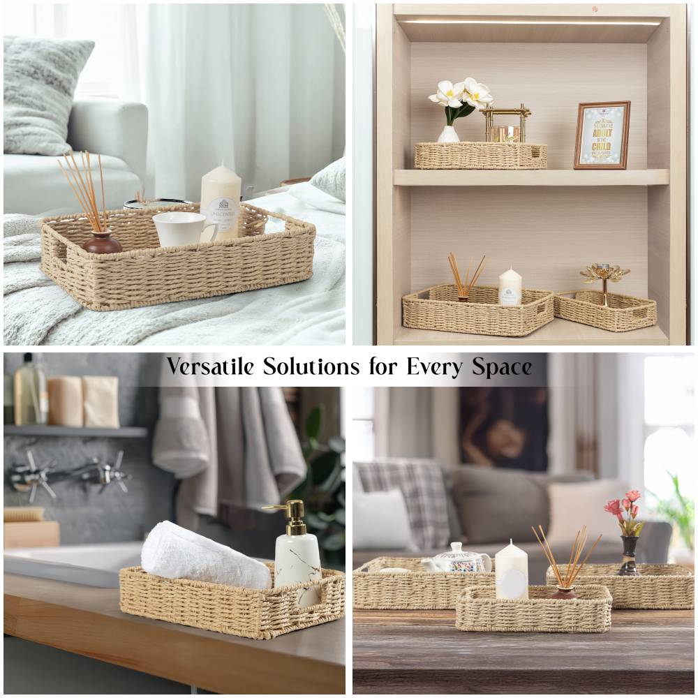 Woodluv 3 x Hand-woven Paper Rope Storage Hamper Basket Set, Khaki