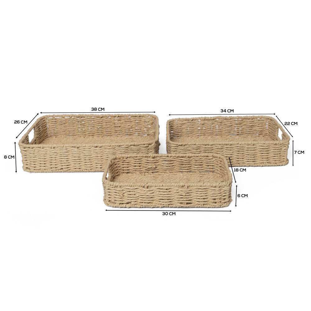 Woodluv 3 x Hand-woven Paper Rope Storage Hamper Basket Set, Khaki