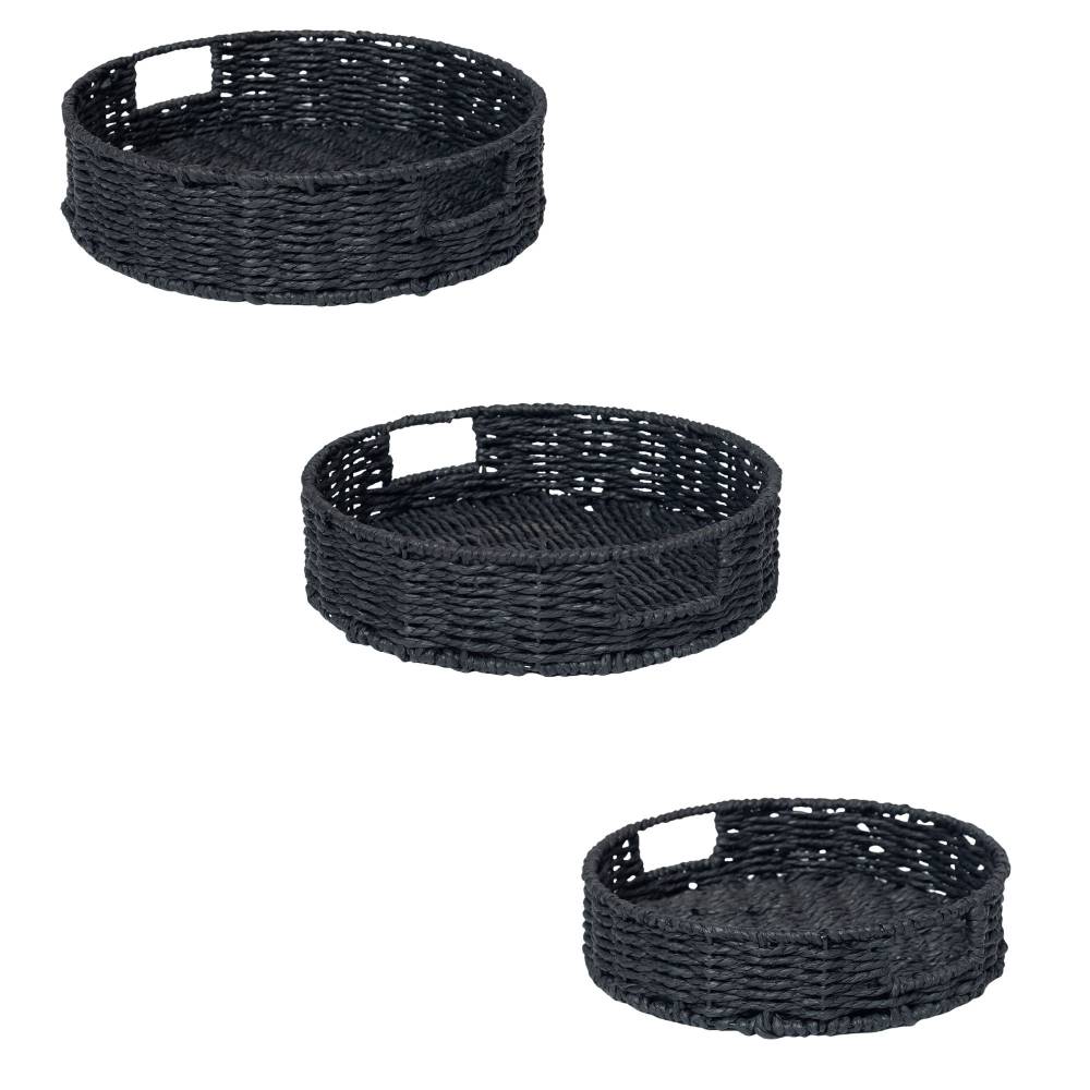 Woodluv 3 x Round Handwoven Paper rope Trays, Large & Medium - Black