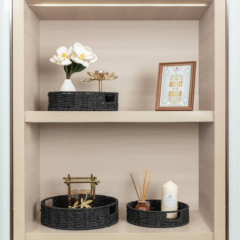 Woodluv 3 x Round Handwoven Paper rope Trays, Large & Medium - Black