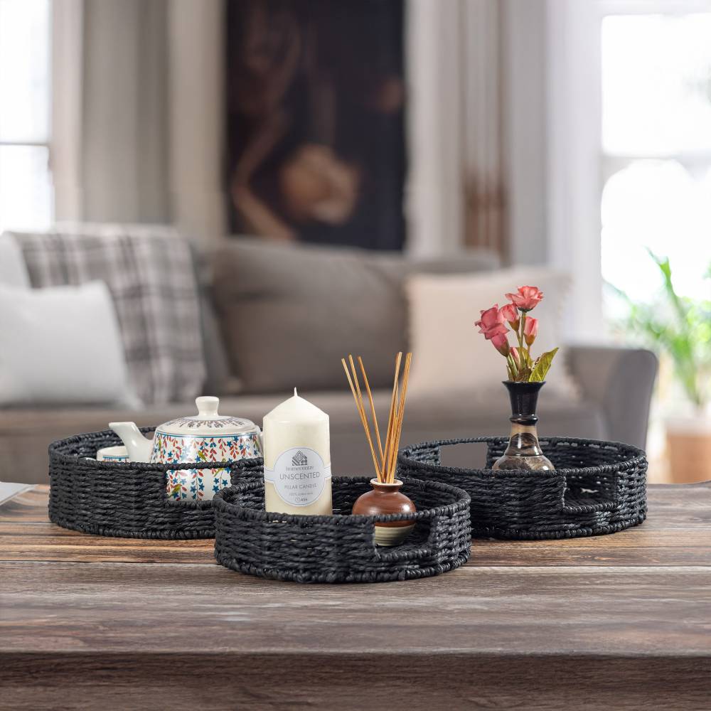 Woodluv 3 x Round Handwoven Paper rope Trays, Large & Medium - Black