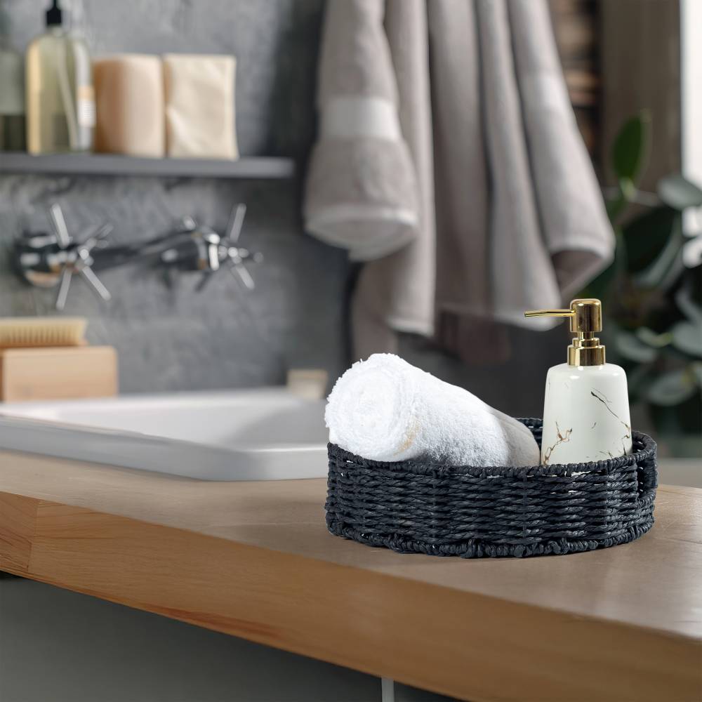 Woodluv 3 x Round Handwoven Paper rope Trays, Large & Medium - Black