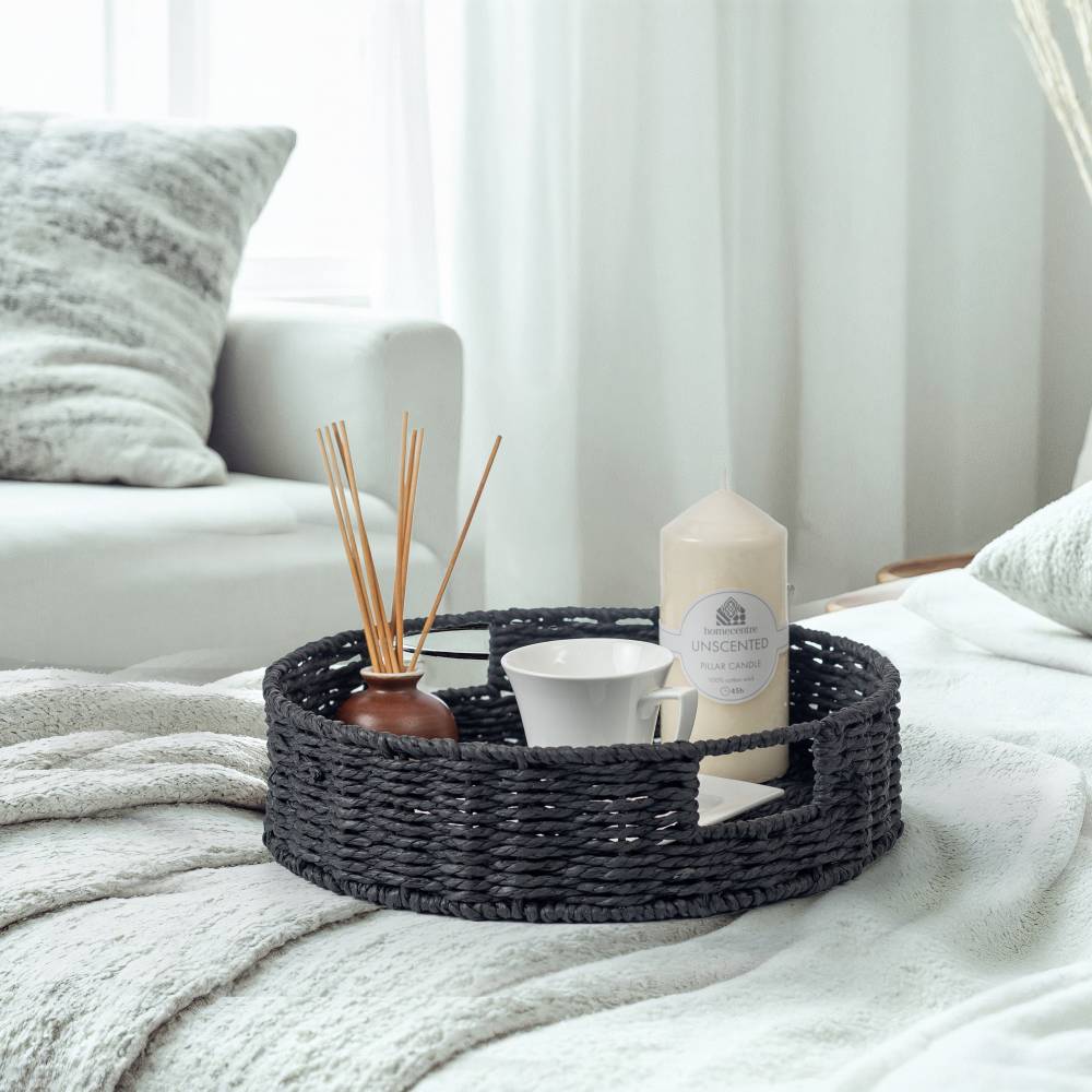 Woodluv 3 x Round Handwoven Paper rope Trays, Large & Medium - Black