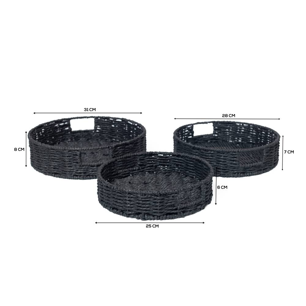 Woodluv 3 x Round Handwoven Paper rope Trays, Large & Medium - Black