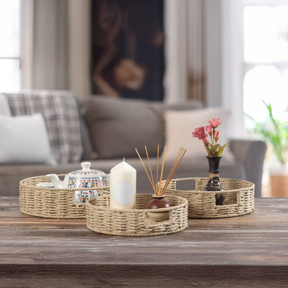 Woodluv 3 x Round Handwoven Paper rope Trays, Large & Medium - Khaki