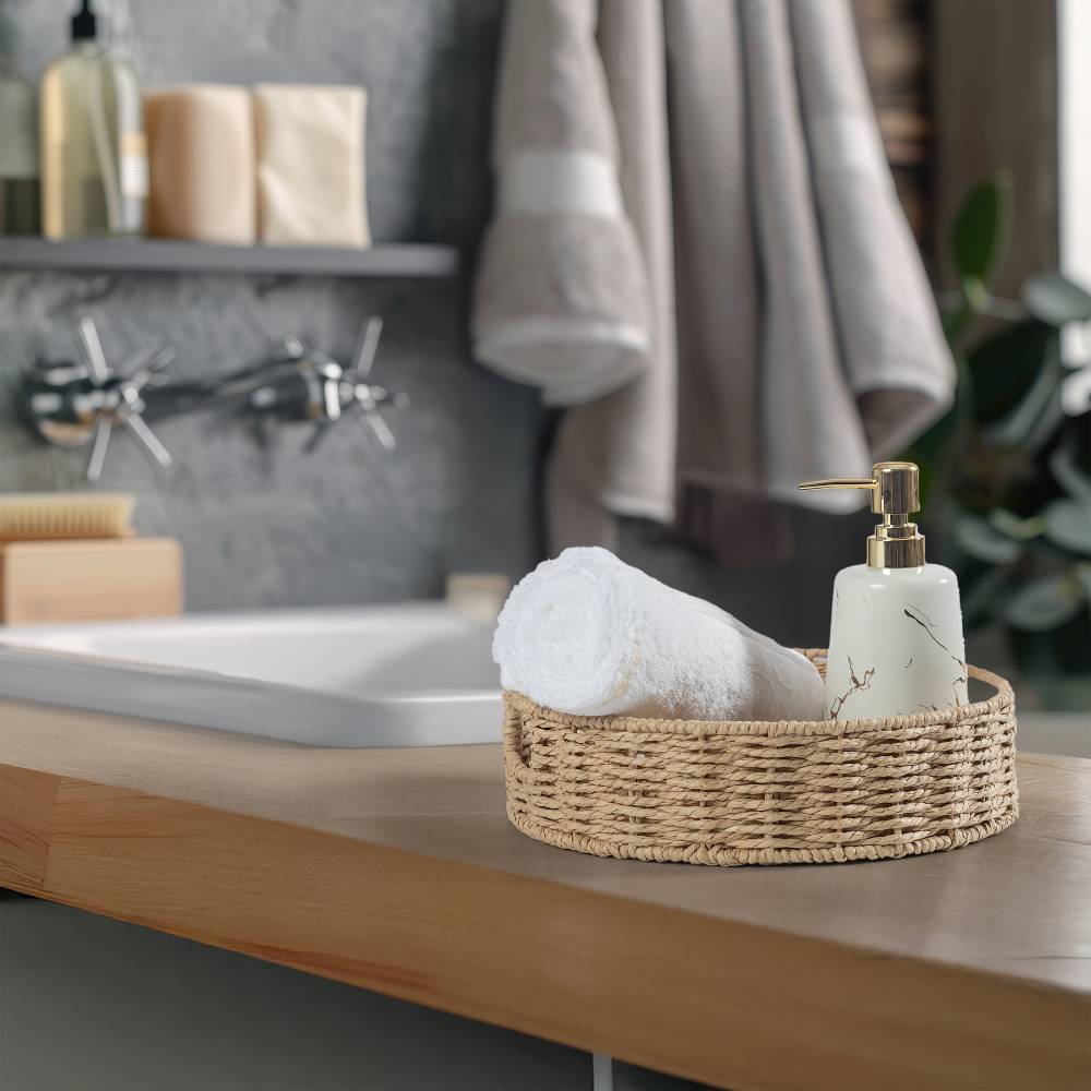 Woodluv 3 x Round Handwoven Paper rope Trays, Large & Medium - Khaki